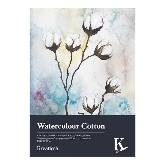 Kreatima Watercolour akvarellblokk 100 % bomull A5 (148×210 mm), 20 ark, 300 g/m²