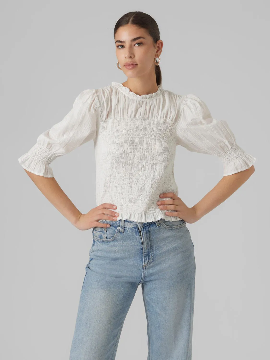 Regular Fit O-hals Smock-mansjetter Volumermer Topp