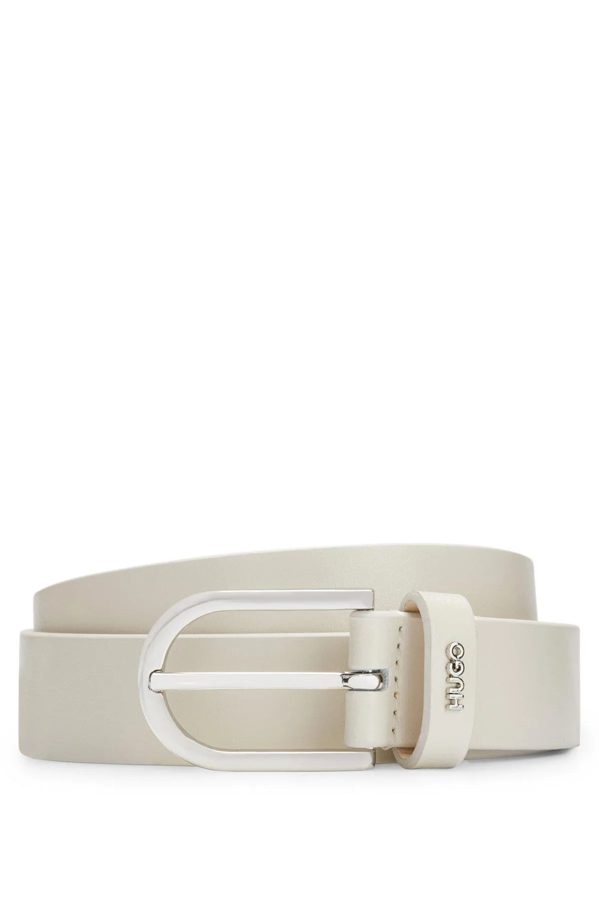 Leather belt with polished hardware and logo keeper