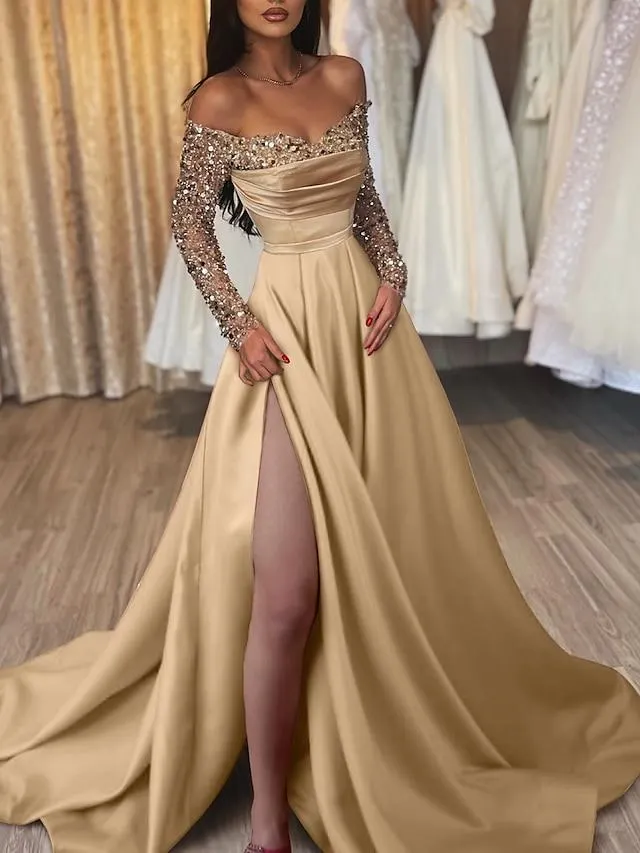 Ball Gown Evening Gown Sexy Dress Black Tie Gala Sweep / Brush Train Half Sleeve Off Shoulder Satin with Sequin 2023