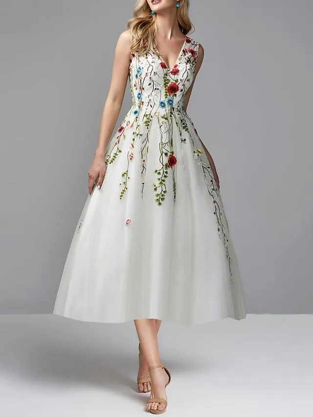 A-Line Prom Dresses Floral Dress Party Wear Wedding Guest Tea Length Sleeveless V Neck Lace with Embroidery Appliques 2023