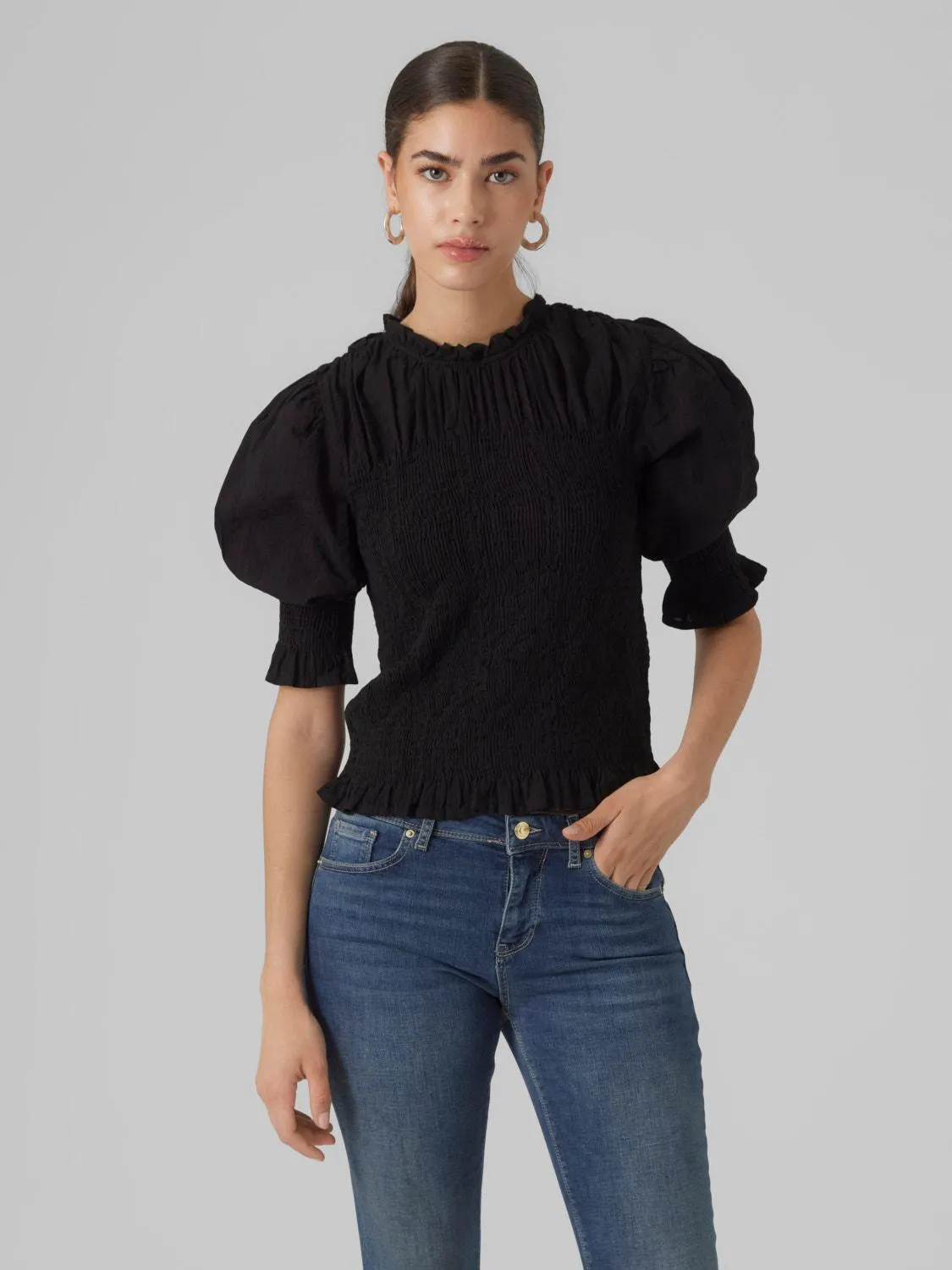 Regular Fit O-hals Smock-mansjetter Volumermer Topp