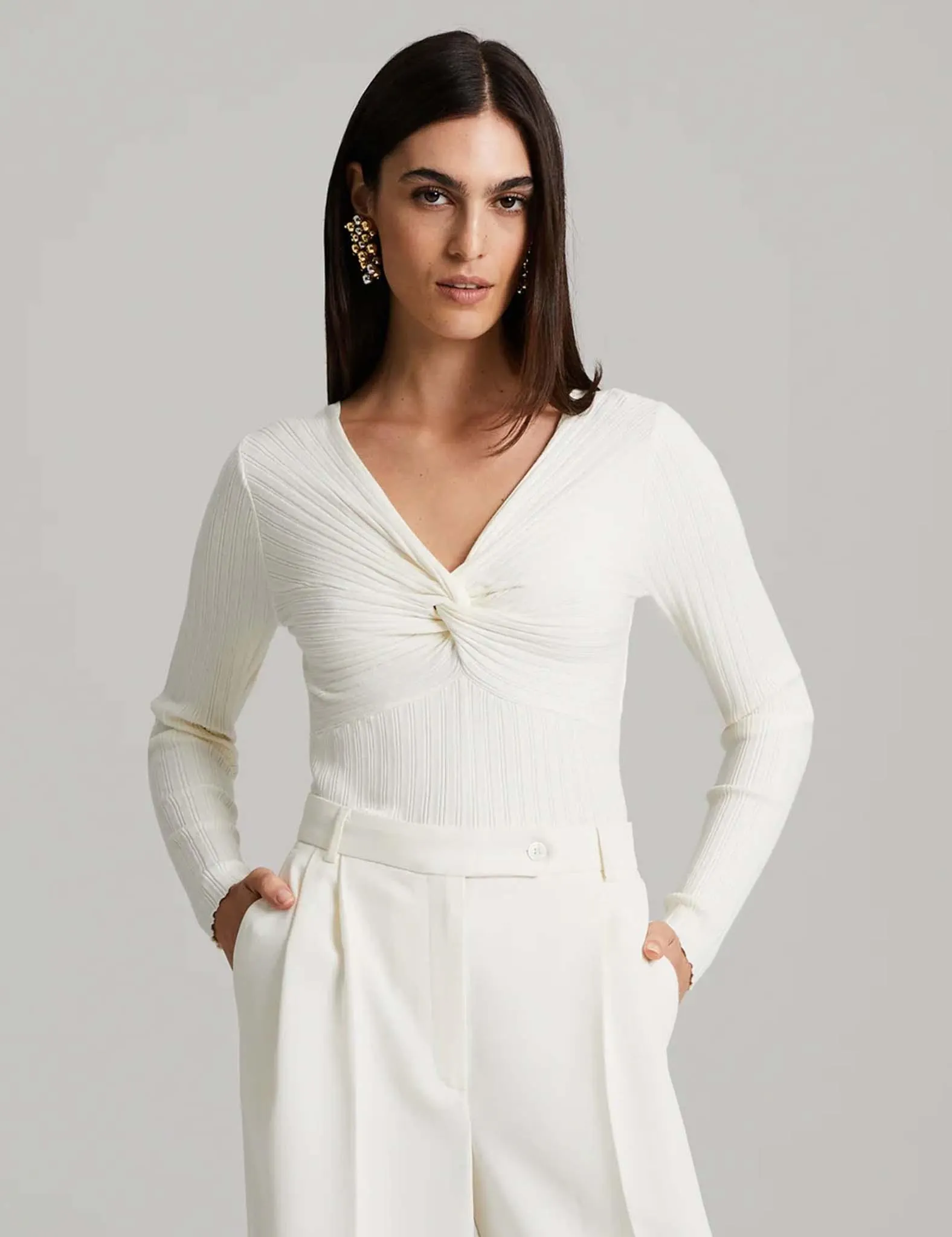 Polly Rib-Knit Blouse Chalk White