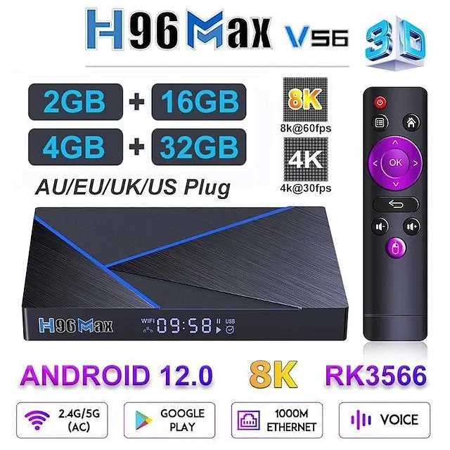 Smart tv box para android 12 h96 max v56 8k 2.4g 5g wifi rockchip rk3566 1000m ethernet set top box tv box