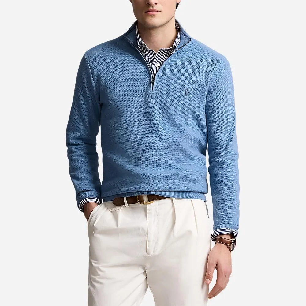 Mesh-Knit Cotton Quarter-Zip Sweater - Lake Heather