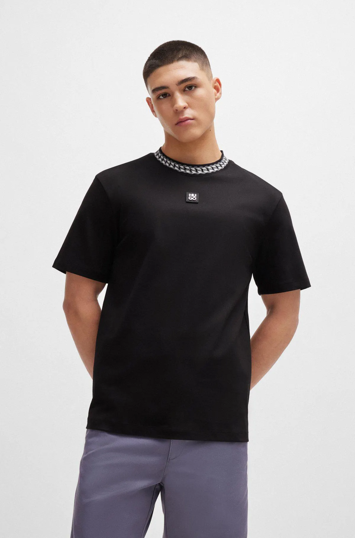 Interlock-cotton T-shirt with chain-print collar