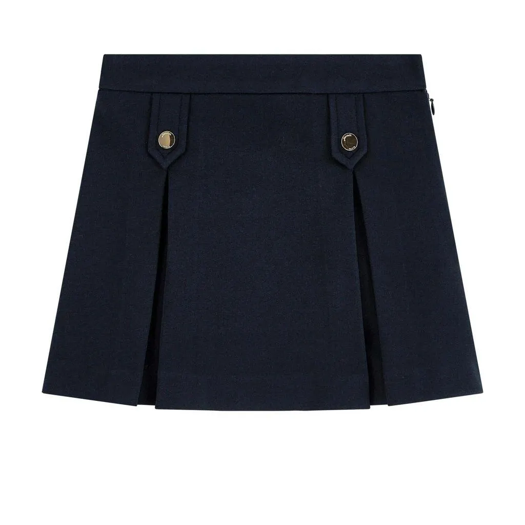 Button Detail Plissertt Skjørt Marineblå