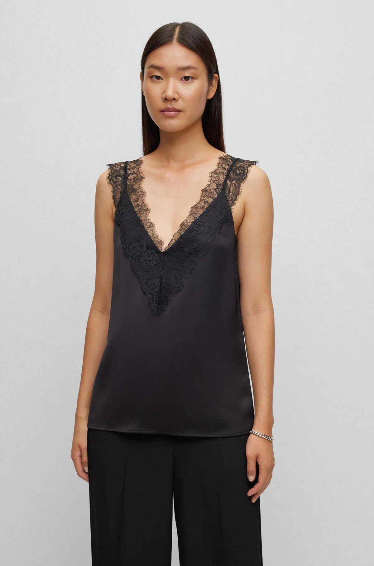 Sleeveless top in heavyweight satin with lace trim