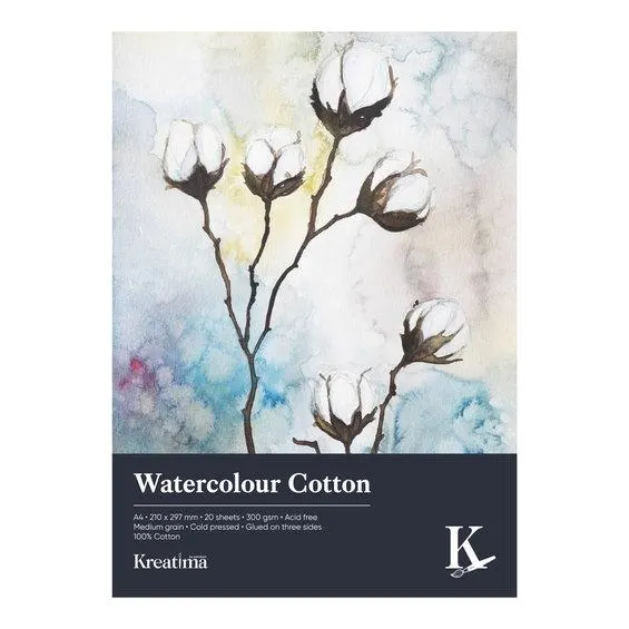 Kreatima Watercolour akvarellblokk 100 % bomull A4 (210×297 mm), 20 ark, 300 g/m²
