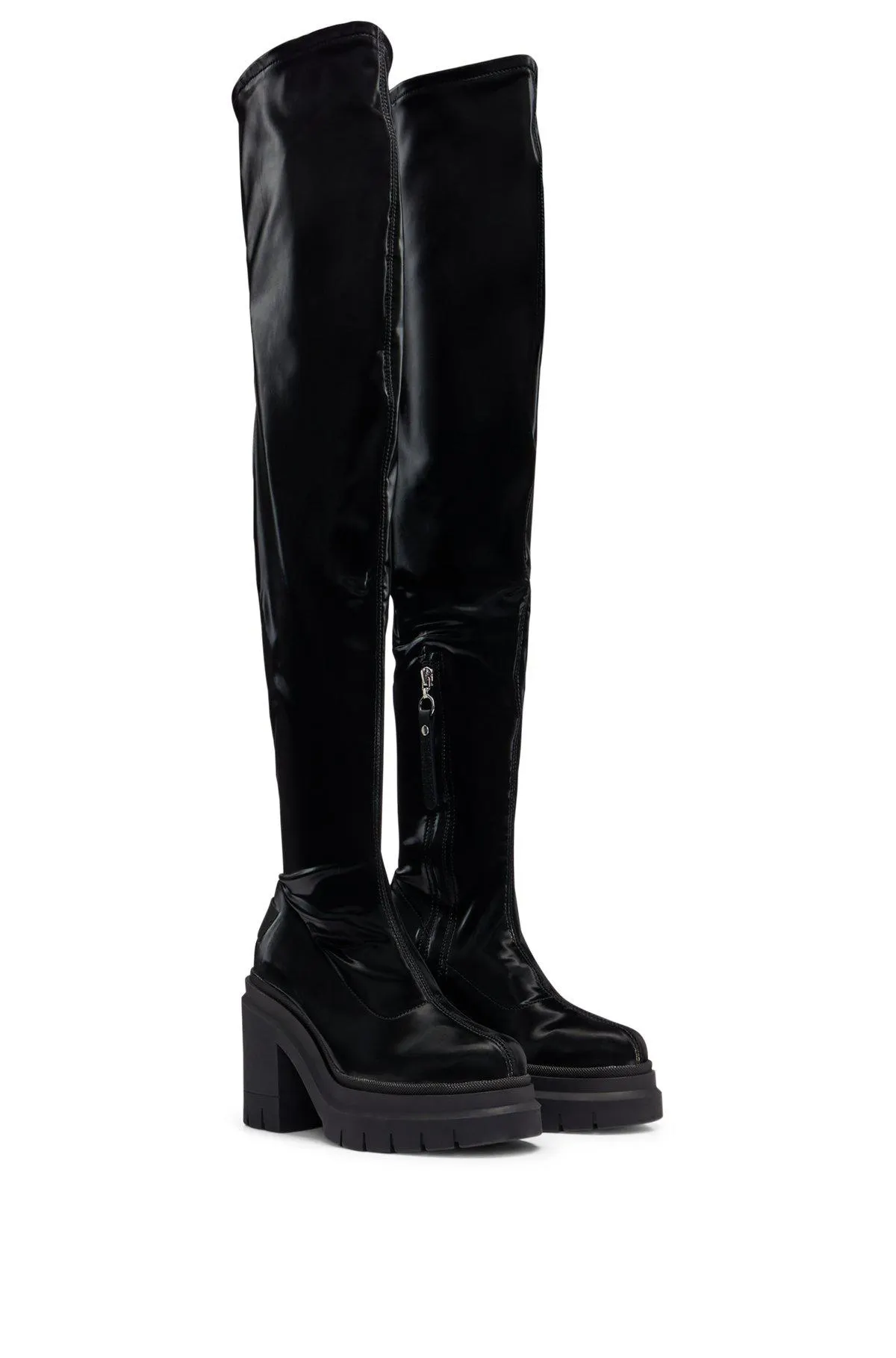 HUGO x Bella Poarch vinyl-effect heeled boots