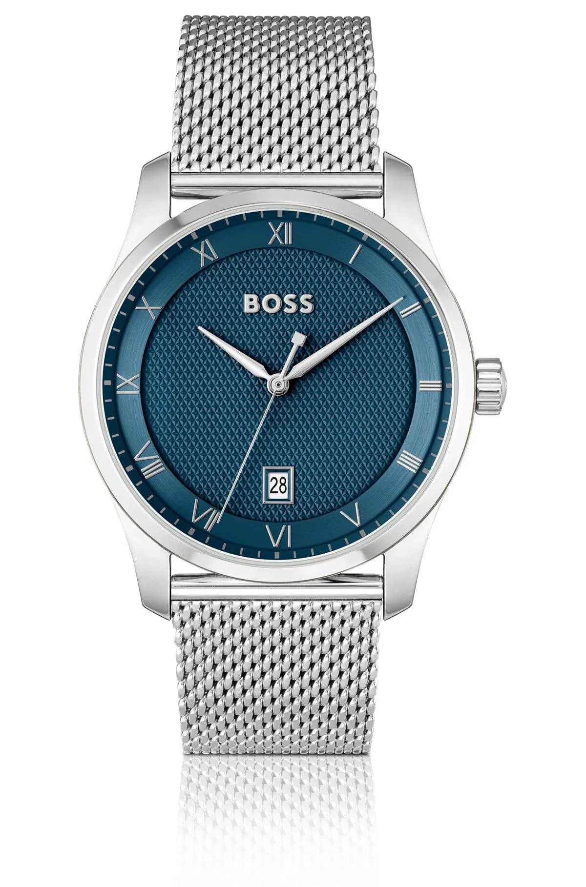Mesh-bracelet watch with blue patterned dial