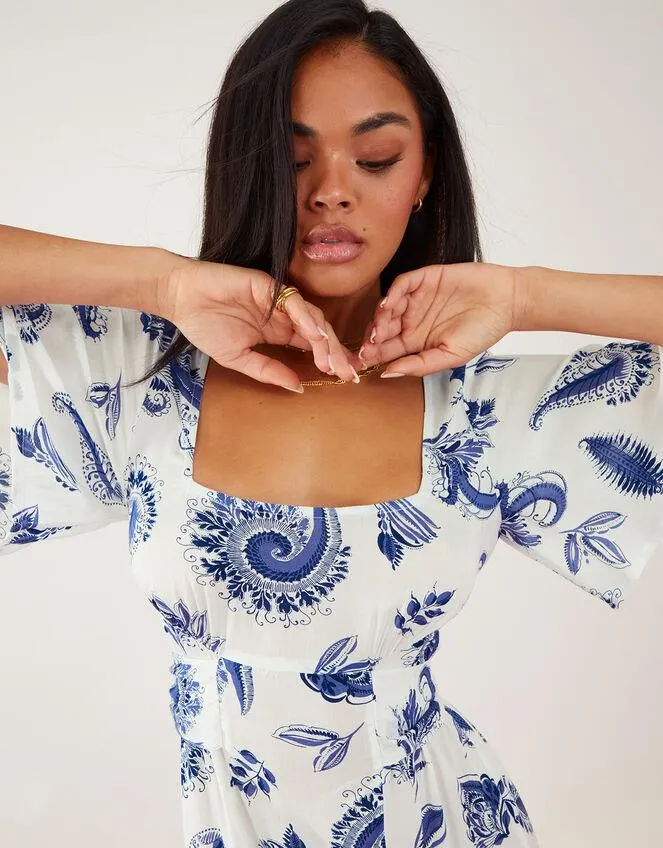 Paisley Tie Waist Midi Dress White