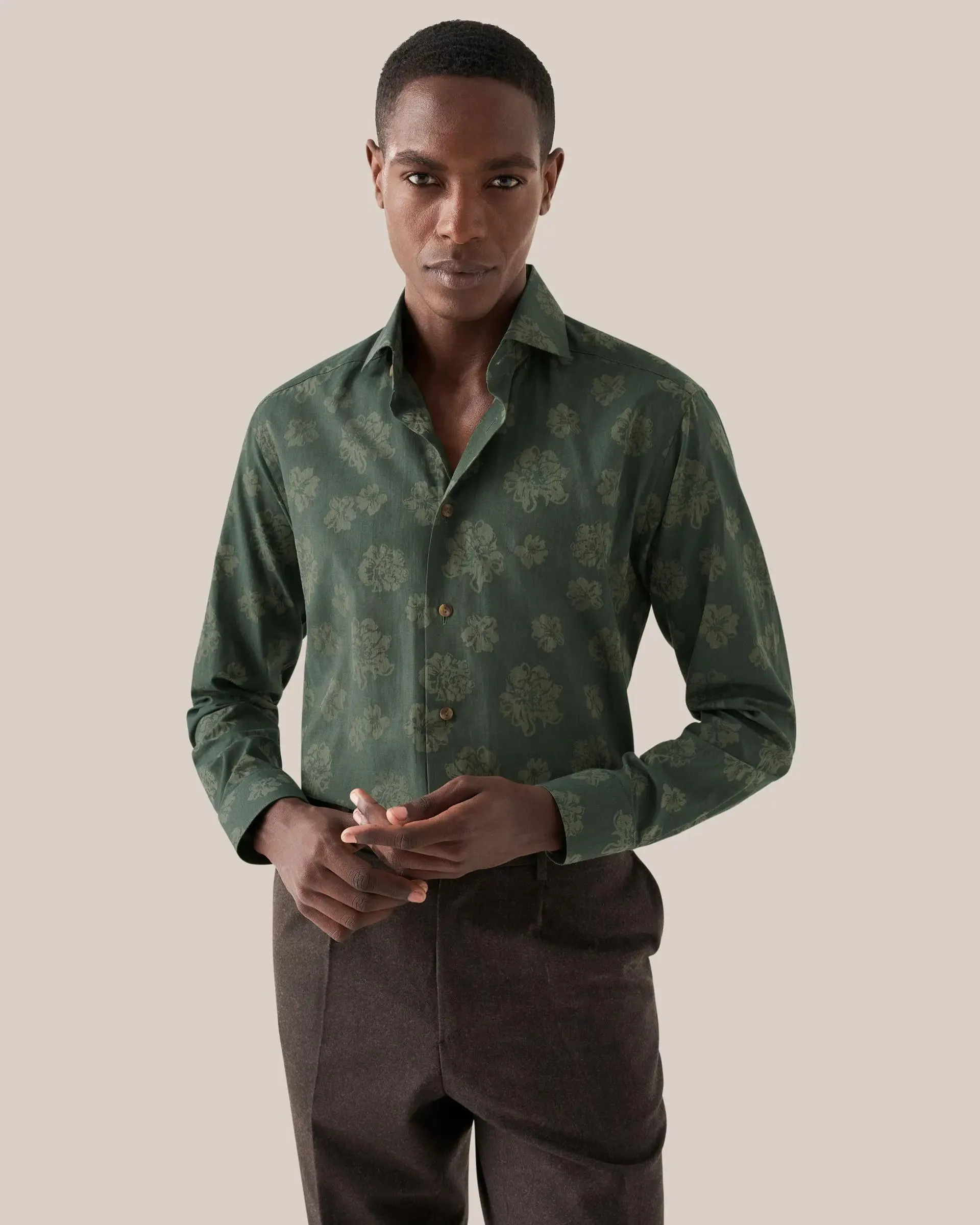 Dark Green Floral Wrinke Free Flannel Shirt