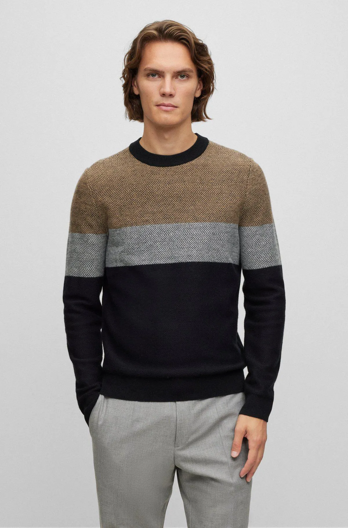 Herringbone-structured sweater in virgin wool and cotton