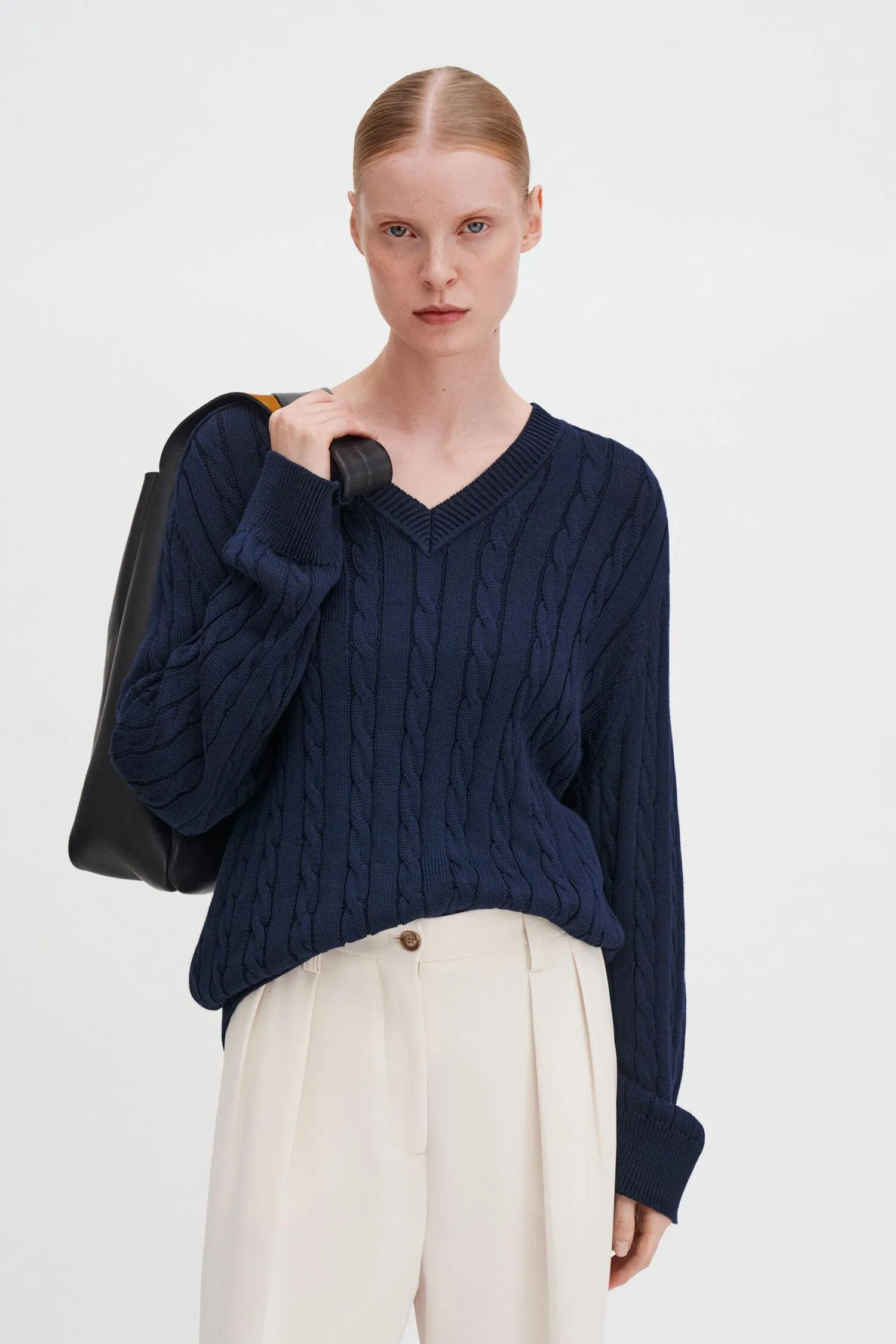 Braided Cotton V-Neck Sweater