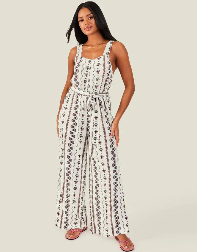 Fan Print Crinkle Jumpsuit White