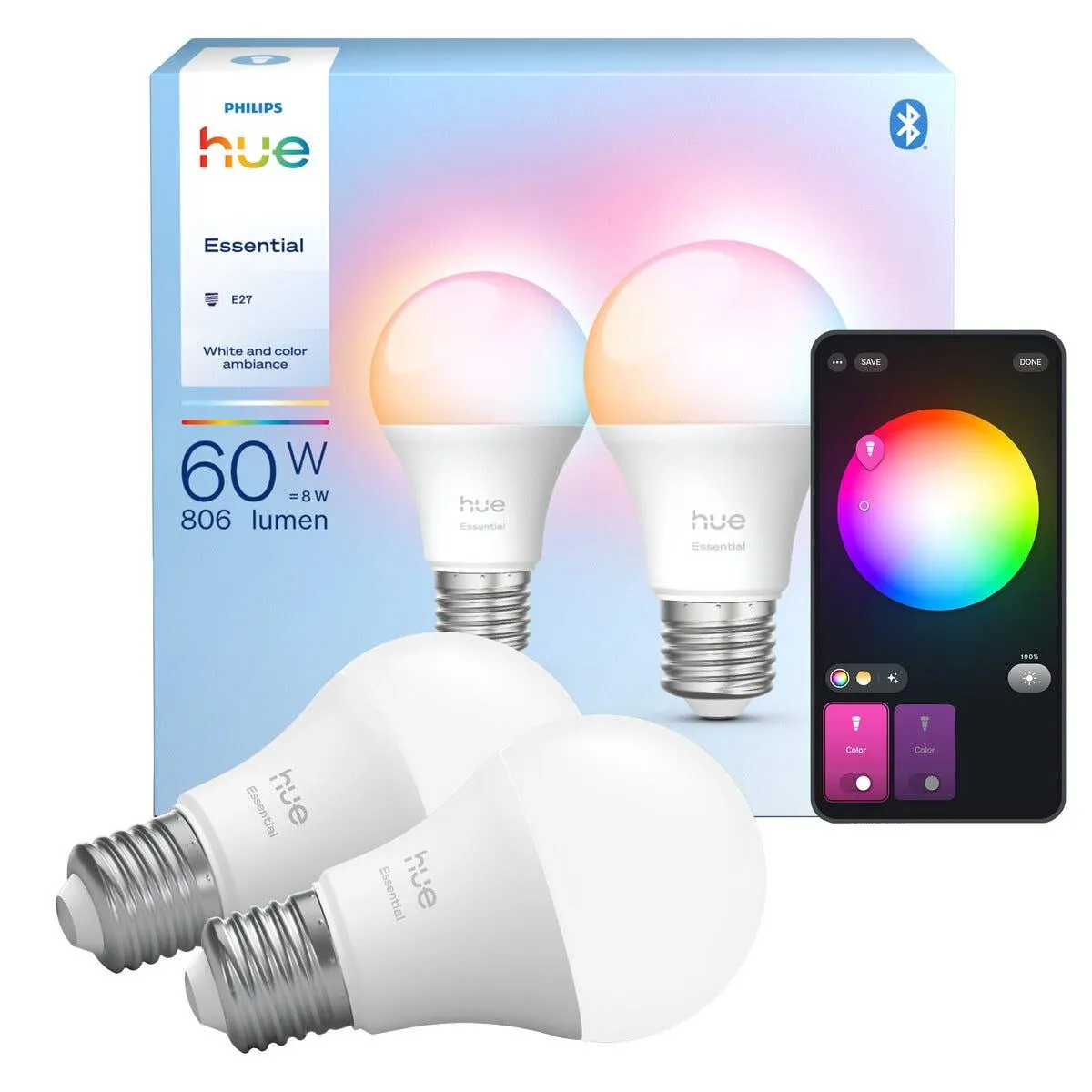 Philips Hue Essential E27 LED 8 W, hvitt og farget lys, 2-pakning