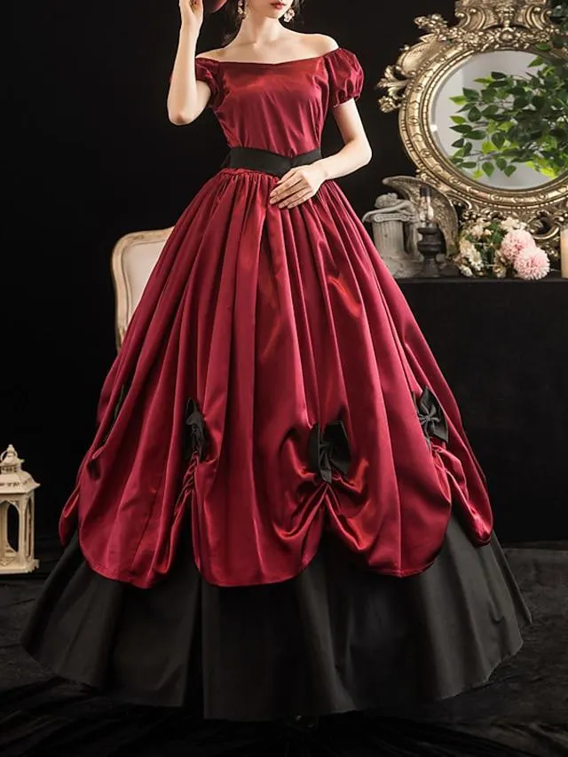 Ball Gown Party Dresses Vintage Dress Halloween Floor Length Short Sleeve Off Shoulder Polyester with Sash / Ribbon Bow(s) Pleats 2023