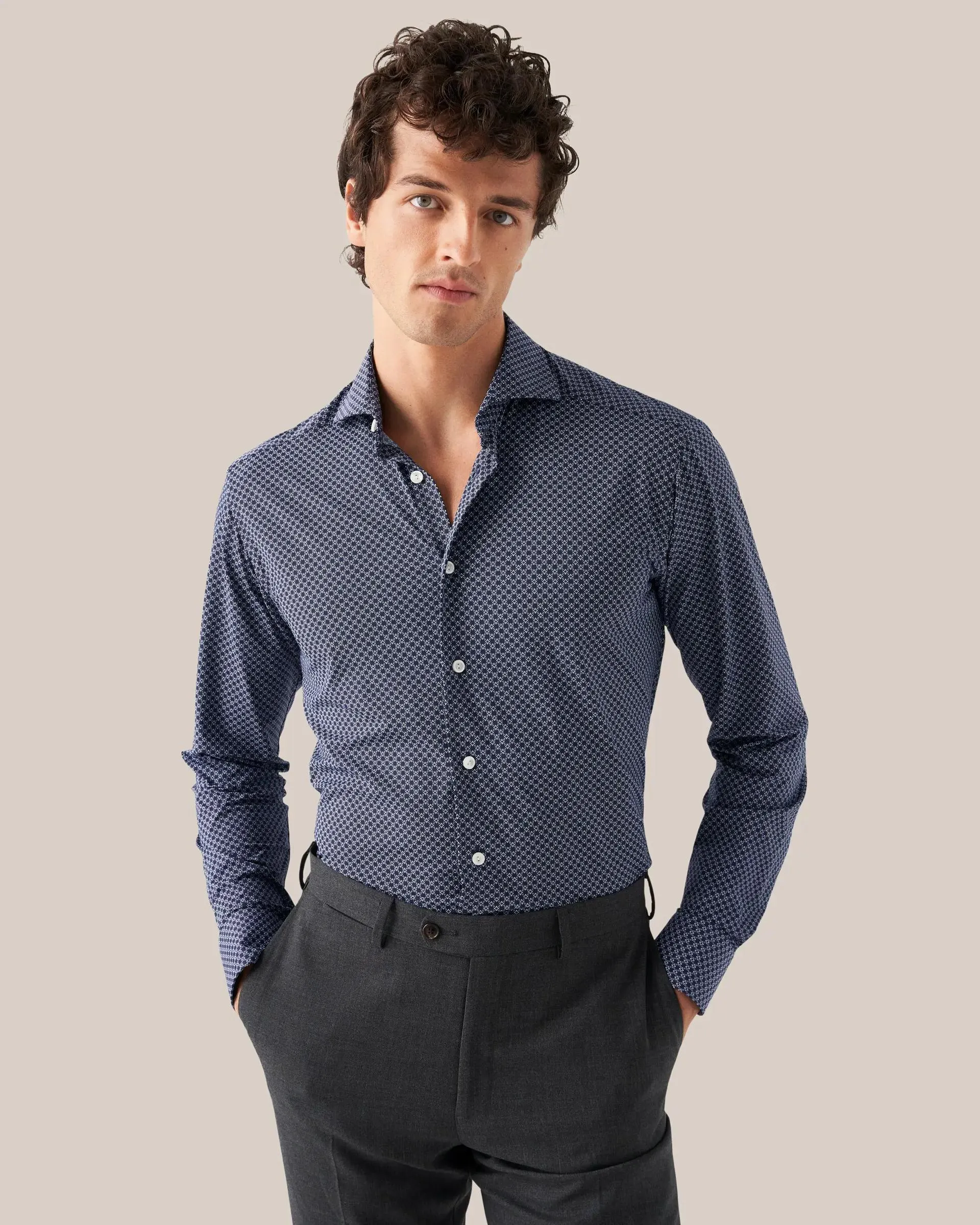 Navy Micro Print Four-Way Stretch Shirt