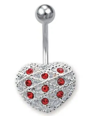 Mønstret Hjerte m/Røde Stener - Navlepiercing i Ekte Sølv