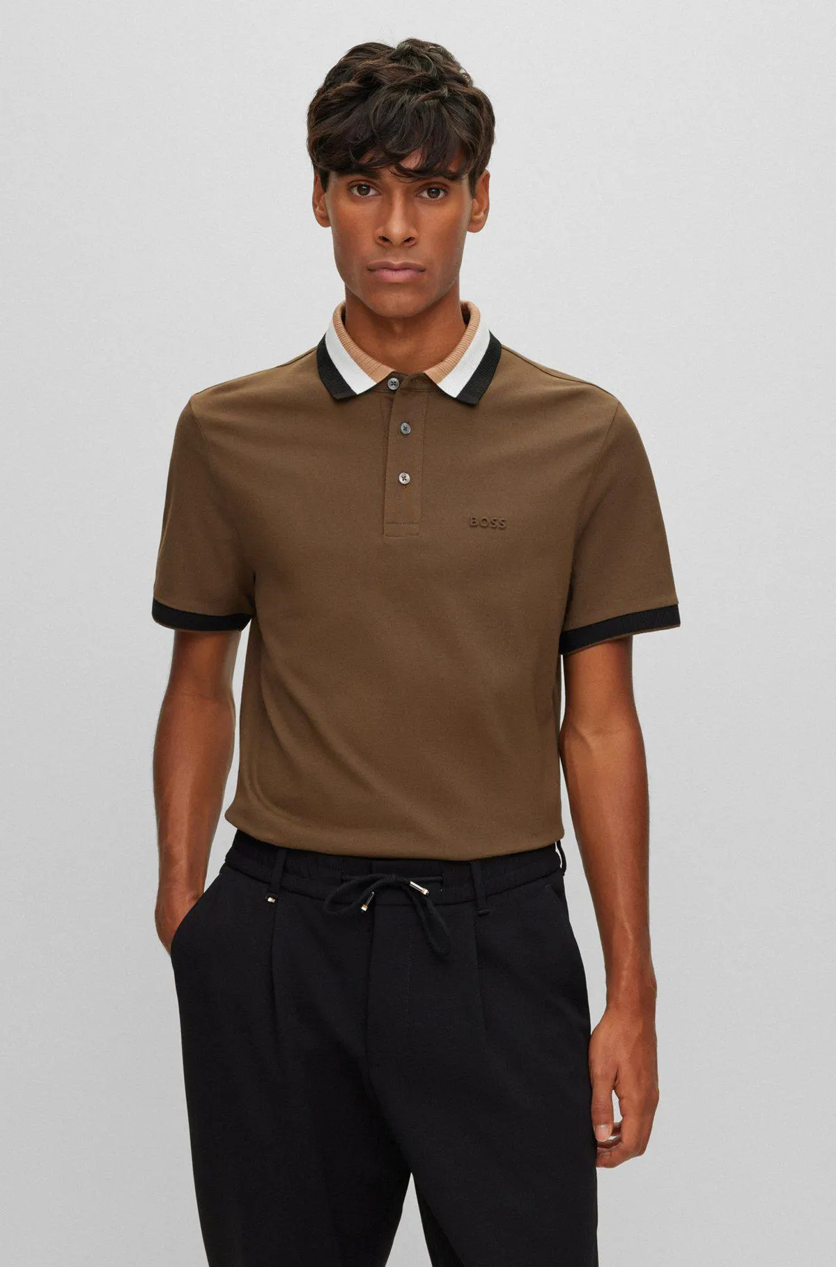 Mercerised-cotton polo shirt with signature-stripe collar