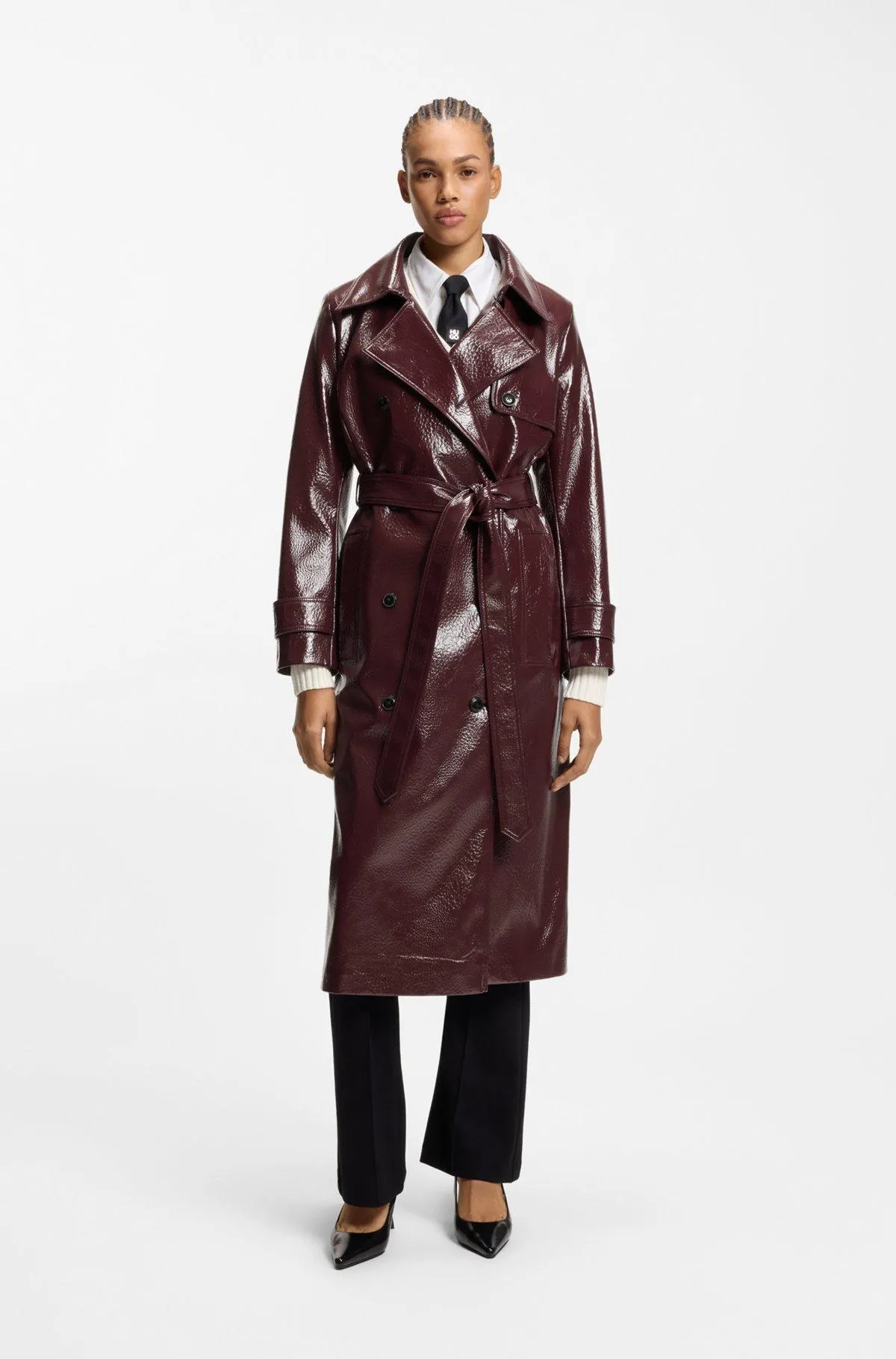 Double-breasted trench coat in faux leather