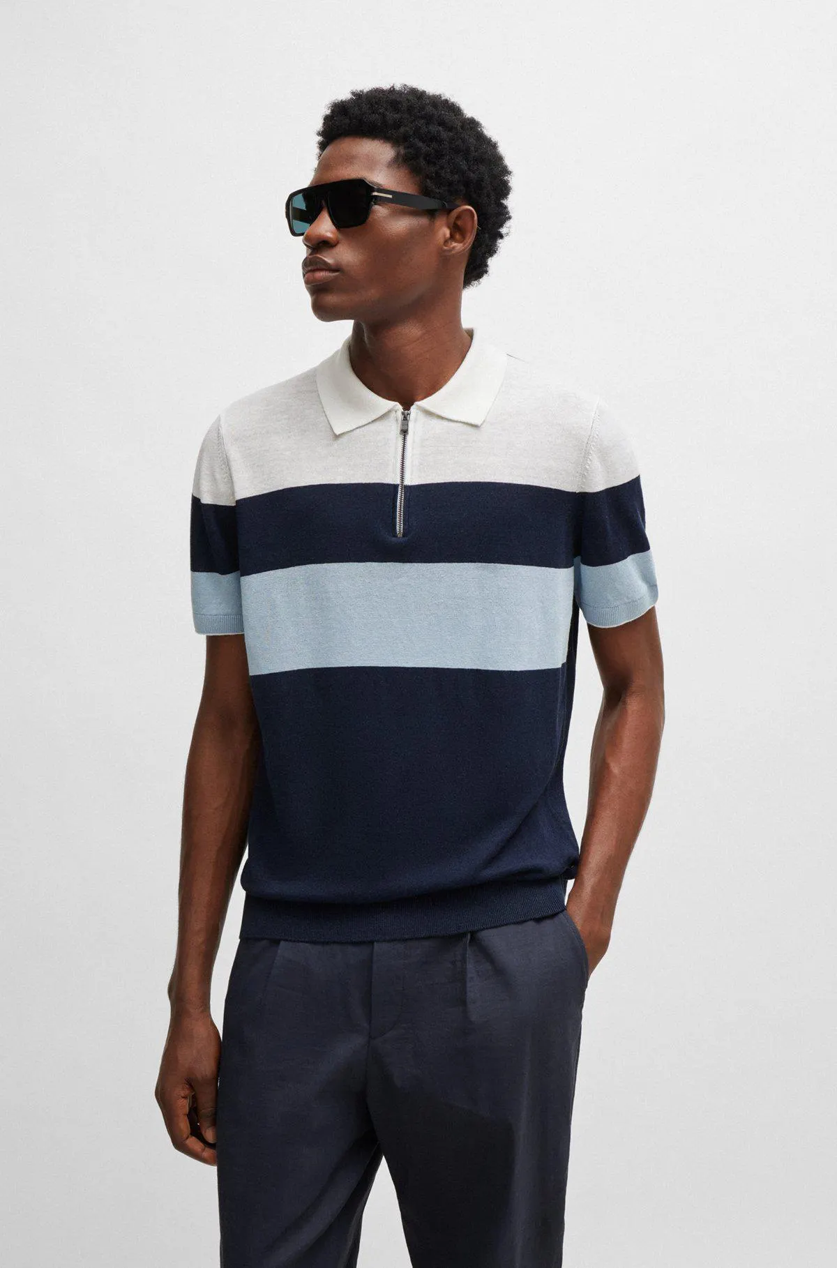 Zip-neck polo sweater in a linen blend