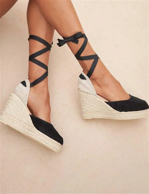 Soft Suede Wedge Espadrilles Hamptons Black