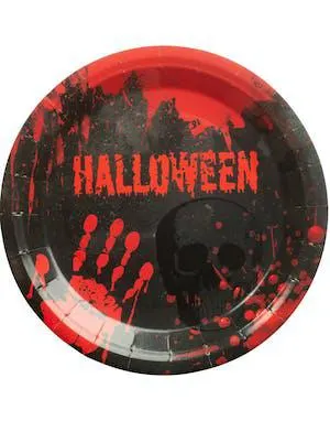 8 stk Blodige Svarte Papptallerkener 23 cm - Blodig Halloween