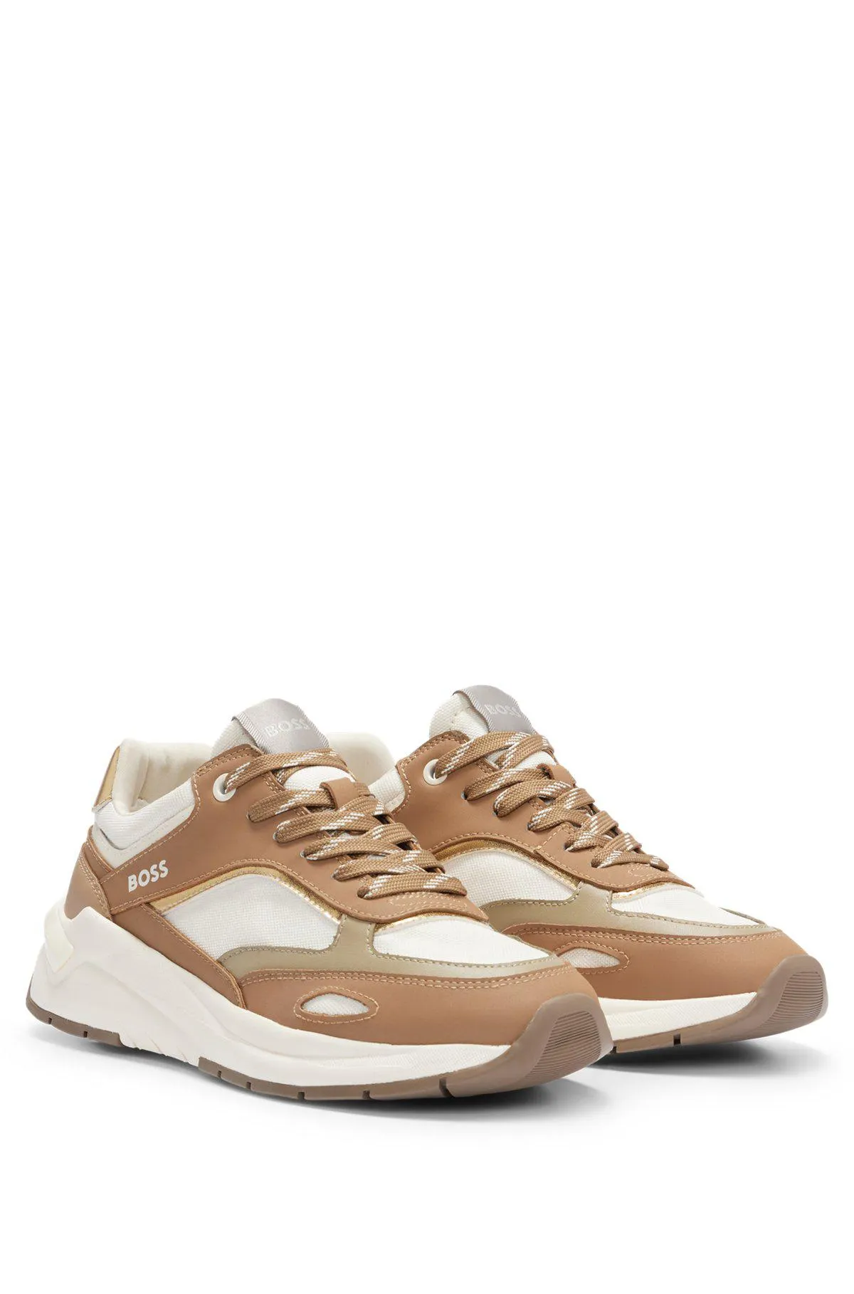 Mixed-material trainers with metallic details