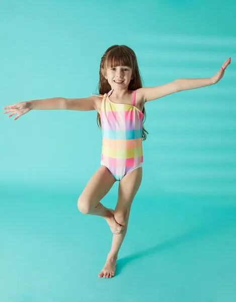 Girls Asymmetric Check Swimsuit Multi