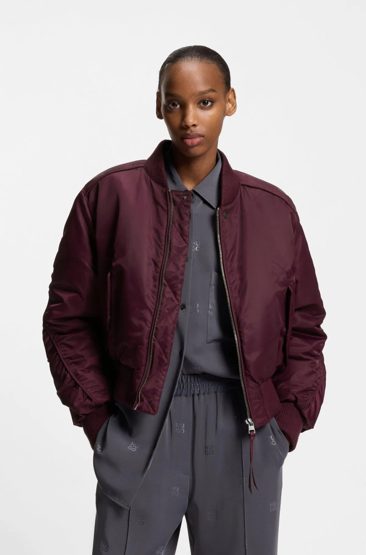 Padded bomber jacket in water-repellent fabric with ruching