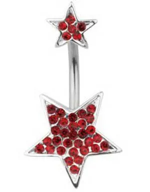 Navlepiercing med To Stjerner Dekorert med Røde Stener