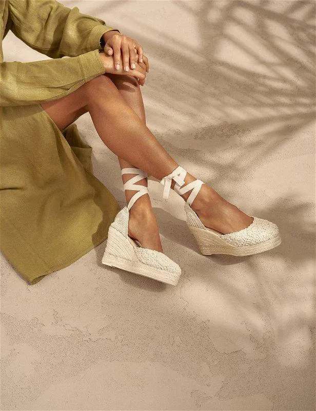 Soft Suede Wedge Espadrilles Hamptons Natural Cotton Crochet