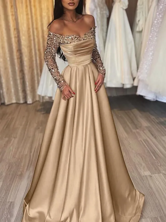 Ball Gown Evening Gown Hot Dress Engagement Sweep / Brush Train 3/4 Length Sleeve Off Shoulder Satin with Sequin 2023