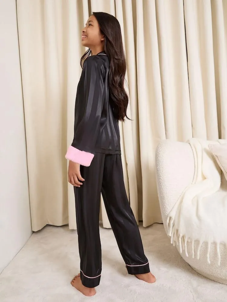 Lipsy Black Stripe Long Sleeve Leg Satin Pyjamas Set (5-16yrs)