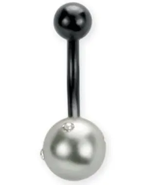 Svart Navlepiercing med Grå Perle & Stener