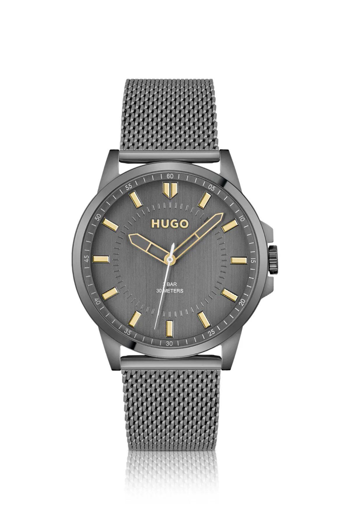 Grey-plated watch with mesh bracelet