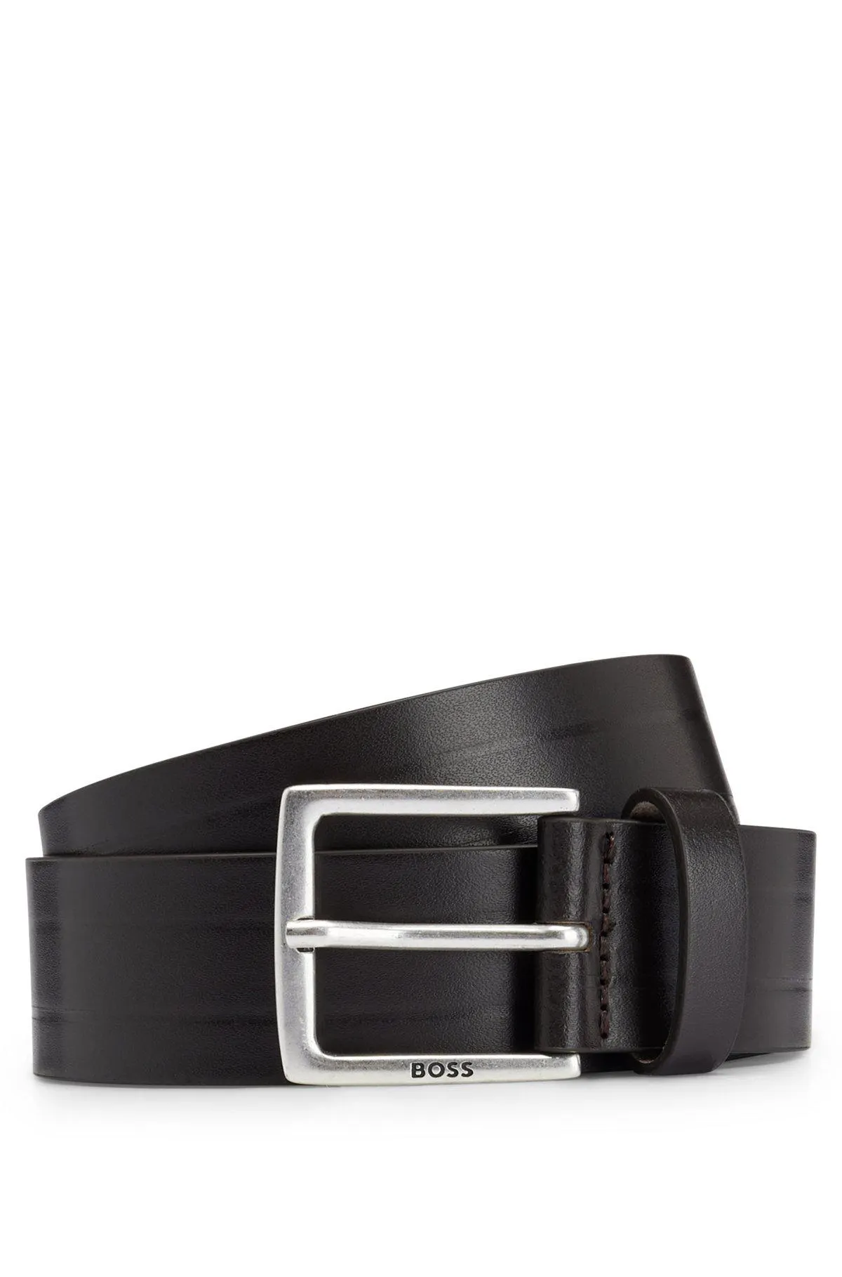 Embossed-leather belt with silver-effect buckle