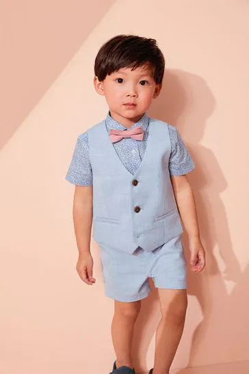 Blue Floral 4pc Waistcoat, Shirt, Shorts & Bow Tie Set (3mths-9yrs)