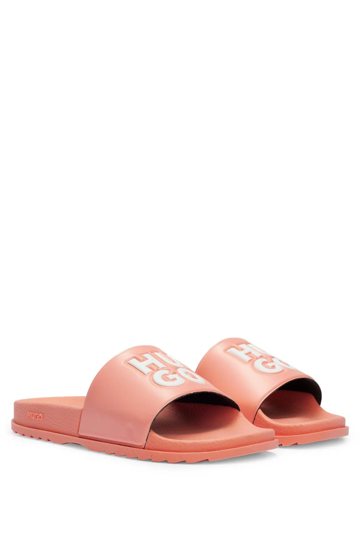 Italian-made slides with contrast stacked logo