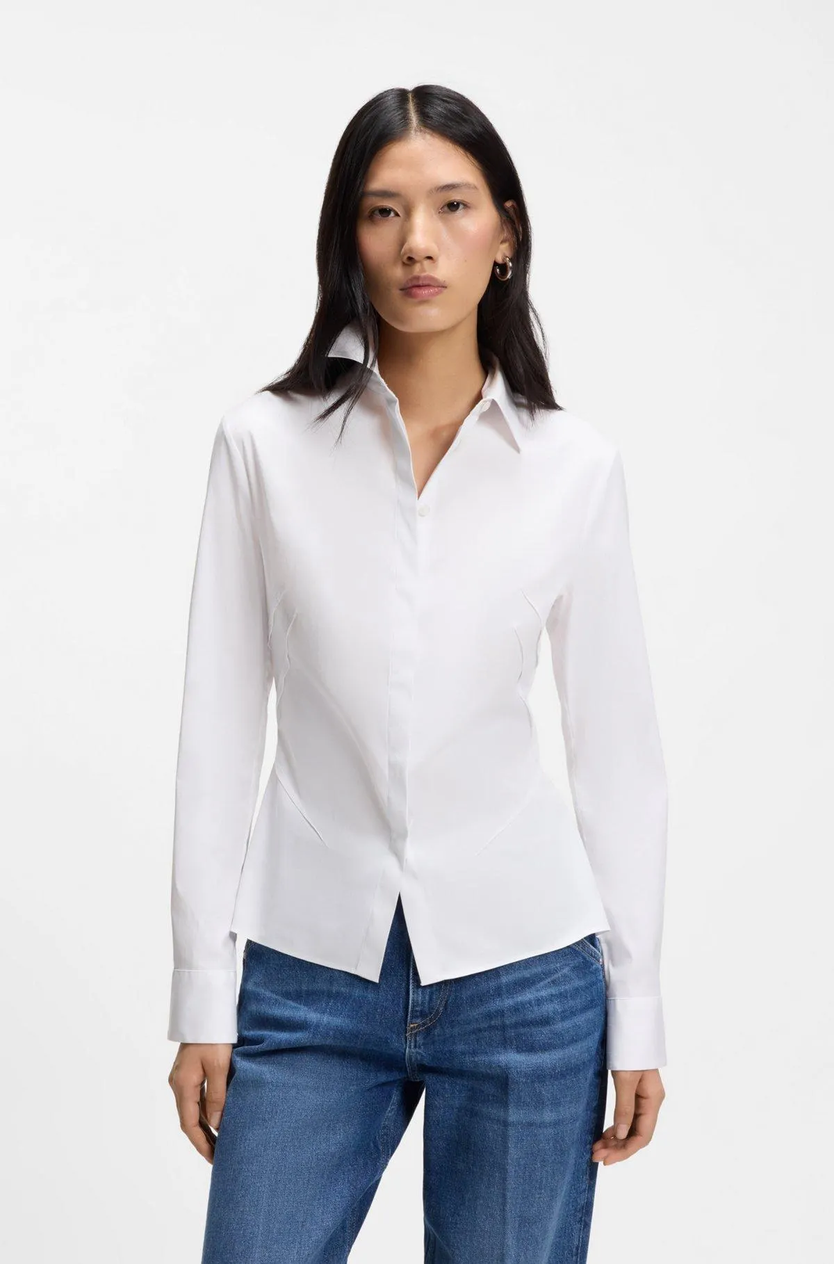 Slim-fit blouse in easy-iron cotton-blend poplin