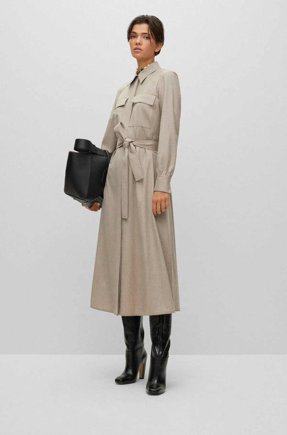 Belted shirt dress in melange stretch-wool flannel