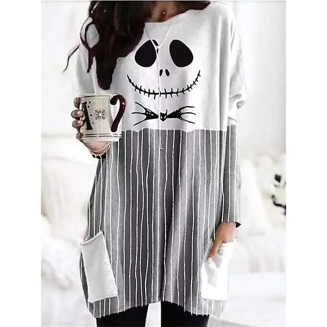 Mujer Camiseta camisa de halloween Negro Blanco Rojo Plaid Bloque de color Gato Bolsillo Estampado Manga Larga Víspera de Todos los Santos Fin de semana Diario Básico Escote Redondo Ajuste regular