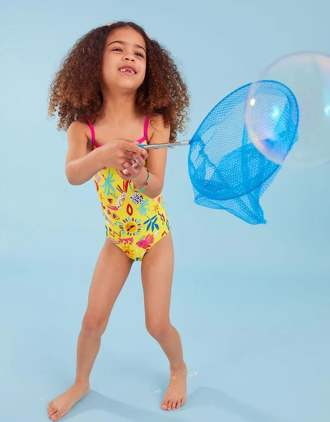 Girls Sunshine Print Swimsuit with Recycled Polyester Yellow