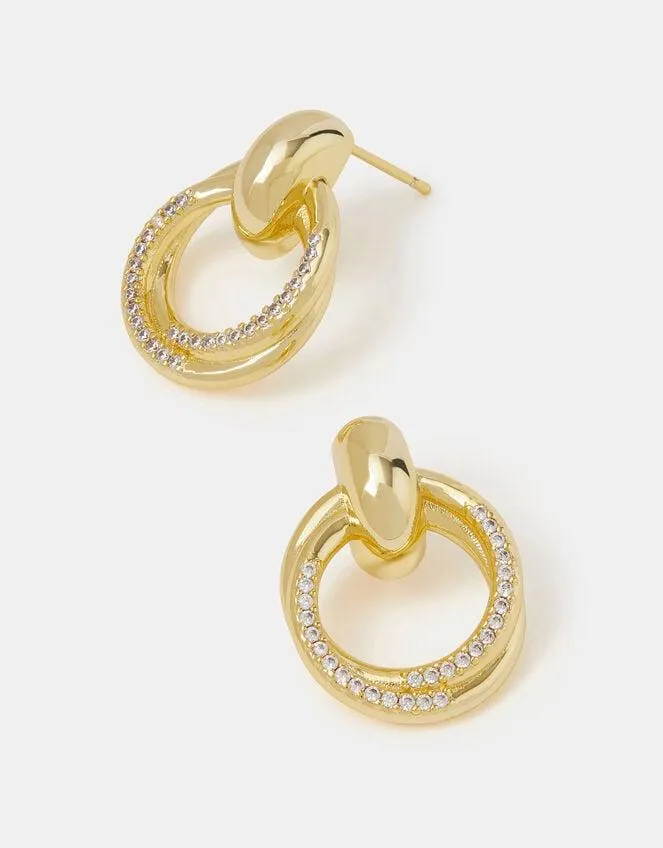 14ct Gold-Plated Diamanté Doorknocker Drop Earrings