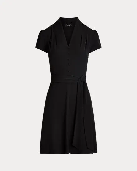 Belted Georgette Short-Sleeve Dress