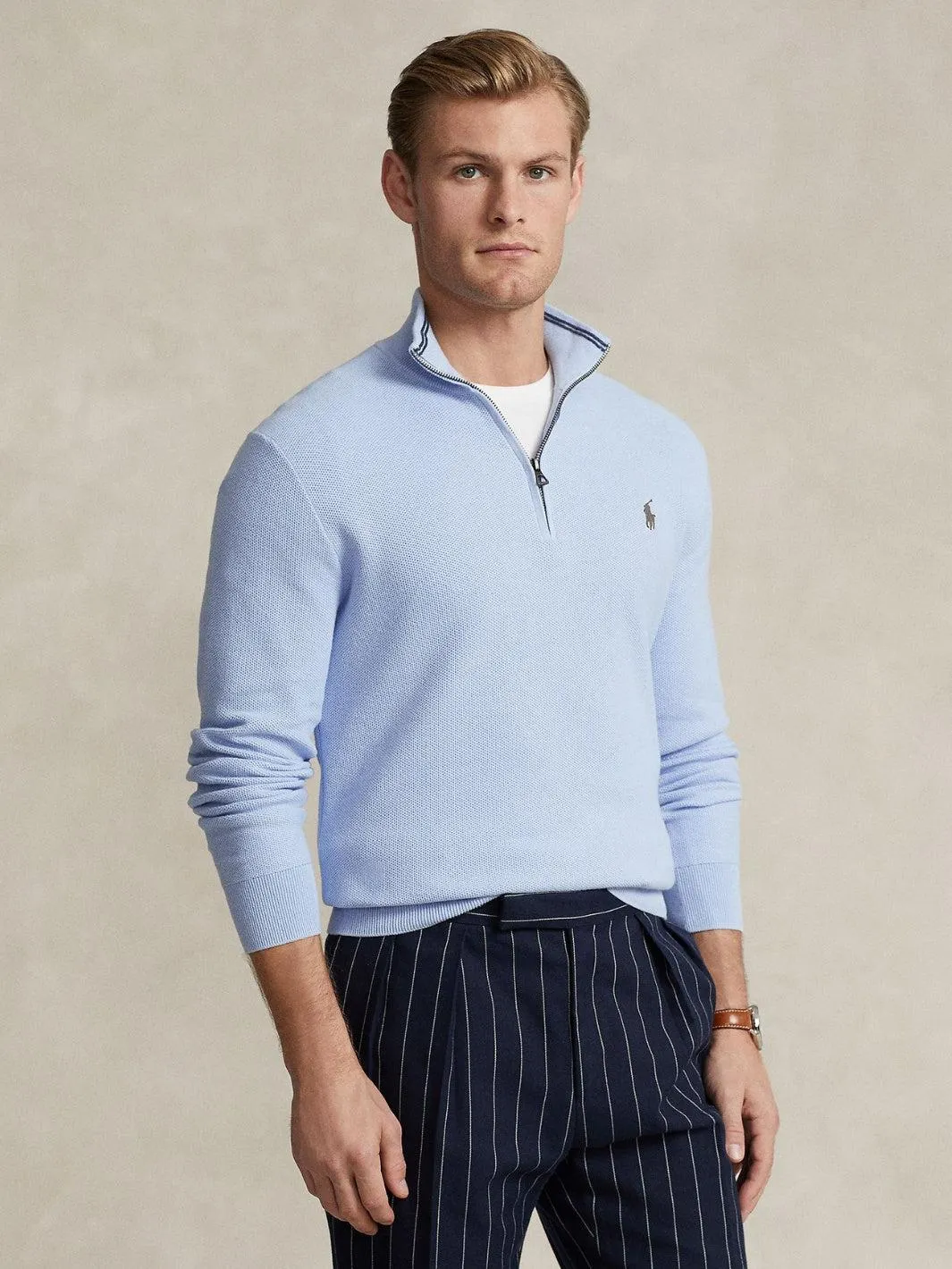 MESH-KNIT COTTON QUARTER-ZIP SWEATER Lys Blå