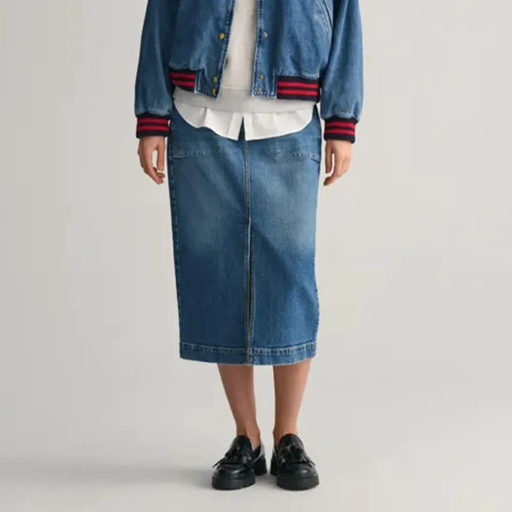 Denim Slit Skirt - Mid Blue