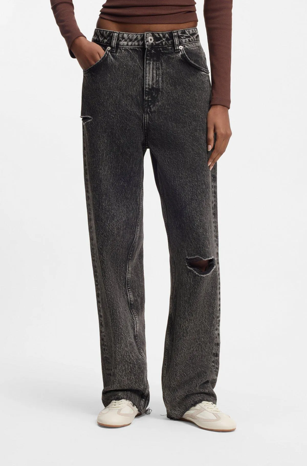 Relaxed-fit jeans in distressed black rigid denim